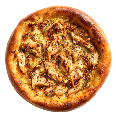 Grilled chicken pizza with golden crust, melted cheese, herbs, and red pepper flakes, savory close-up of freshly baked slice on dark background