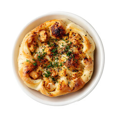 Grilled chicken pizza with golden crust, melted cheese, herbs, and red pepper flakes, savory close-up of freshly baked slice on dark background