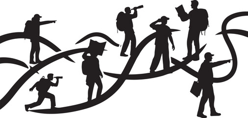 Silhouettes of people navigating through winding paths and obstacles