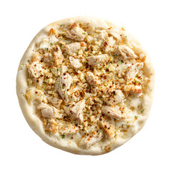 Grilled chicken pizza with golden crust, melted cheese, herbs, and red pepper flakes, savory close-up of freshly baked slice on dark background