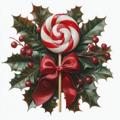 red and white swirled peppermint lollipop on a wooden stick nestled in glossy holly leaves and bright red berries tied with a shiny red bow, festive cheerful holiday decoration
