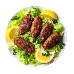 Grilled meat patties on fresh lettuce with lemon, parsley, cucumber, tomato, and olive garnish, Mediterranean cuisine on white plate, top view