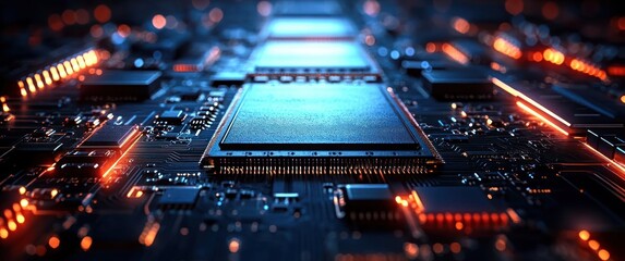 Close-up of illuminated electronic circuit board with microchips, soldered pins and glowing orange traces under cool blue lighting, conveying a futuristic energetic high-tech mood