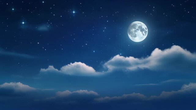 Enchanting night sky with a luminous full moon casting its glow over soft, dreamlike clouds and twinkling stars