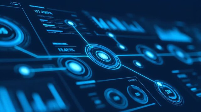 Close-up of a futuristic blue dashboard with glowing graphs and charts on a dark background with a cinematic lighting effect.