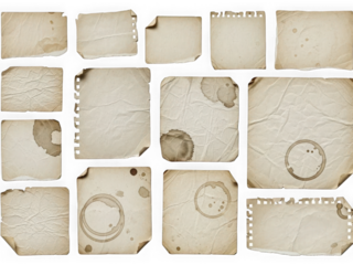 Collection of vintage paper textures isolated on transparent background