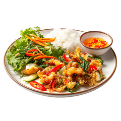 Stir-fried frog legs with savory glaze, green vegetables, and red chili peppers on plate, exotic Asian cuisine close-up on dark background