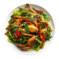 Stir-fried frog legs with savory glaze, green vegetables, and red chili peppers on plate, exotic Asian cuisine close-up on dark background