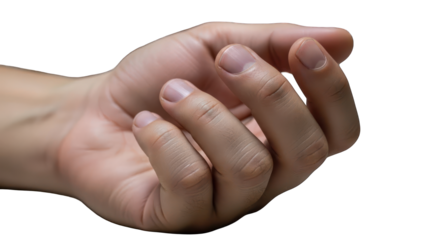 A human hand with fingers curled inward against a transparent white background.