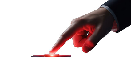 Close-up of a suited hand pressing a glowing red button on a transparent background.