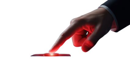 Close-up of a suited hand pressing a glowing red button on a transparent background.