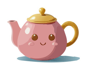 Obraz premium Cute Pink Ceramic Teapot with Smiling Face Character for Afternoon Tea Party and Kitchen Decorating Theme - Vector Illustration