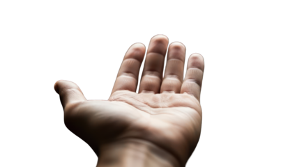 A human hand with palm facing upwards against a transparent background.