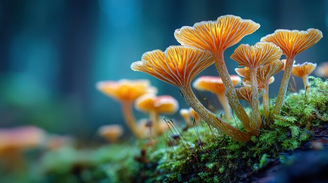Intimate macro portrait of sculptural fungi emerging from emerald moss on a shadow-dappled forest floor: a lone amber-orange jelly-capped mushroom cradling crystal-like droplets beside delicate bracke
