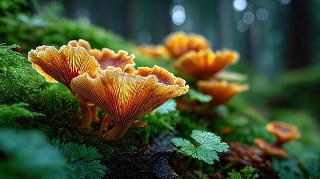 Intimate macro portrait of sculptural fungi emerging from emerald moss on a shadow-dappled forest floor: a lone amber-orange jelly-capped mushroom cradling crystal-like droplets beside delicate bracke