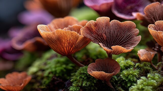 Intimate macro portrait of sculptural fungi emerging from emerald moss on a shadow-dappled forest floor: a lone amber-orange jelly-capped mushroom cradling crystal-like droplets beside delicate bracke