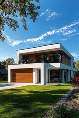 Modern two-story white house with wooden garage door, expansive glass windows and balcony, manicured green lawn, landscaped beds and trees under a bright blue sky, serene contemporary mood