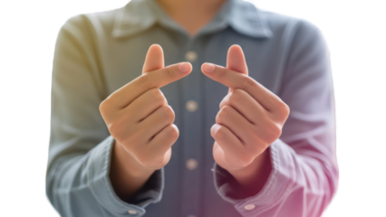 A person's hands gesturing against a transparent background with a subtle gradient effect.
