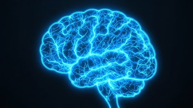 Glowing blue wireframe illustration of a human brain on a dark background with neon lighting.