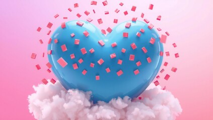 Blue heart with pink confetti on clouds