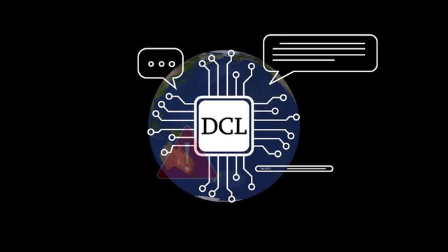 Digital Circuit Board with dcl Chip and Warning Symbol on Black Background technology