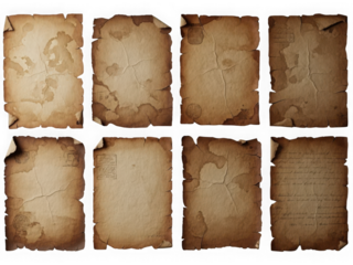 Collection of vintage paper textures isolated on transparent background