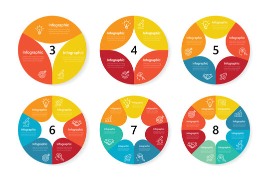 Vector circle Infographics set 3, 4, 5, 6, 7. 8 options, parts, steps. Template for cycle diagram, graph, presentation. Business concept with data processes.