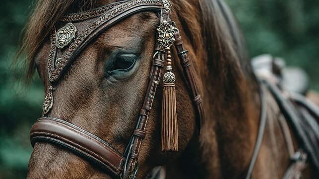 Close-up side-profile portrait of a noble bay horse wearing hand-woven traditional bridle adorned with ornate silver buckles and crimson silk tassel that sways beside alert flicking ear