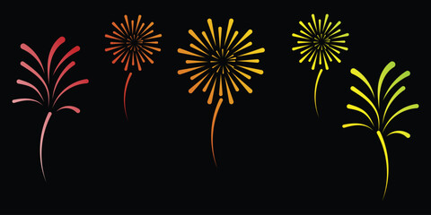 Fireworks explosion icon set, vibrant celebration elements. Set of firework, firecracker, confetti icons. Fireworks, sparkler, salute, petard, firecracker icons. Celebration and holiday icons. eps 10.