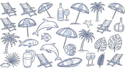Beach vacation illustration with beach chairs, umbrellas, dolphins, and tropical elements on black background