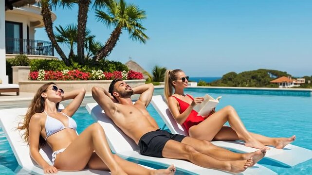 Three friends sunbathing stylishly on submerged chairs in luxury pool.