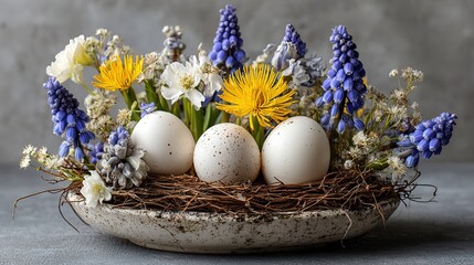 Fresh decorative Easter nest woven from natural straw cradling smooth white eggs alongside delicate blue scilla bells and bright yellow coltsfoot stars, all arranged on misty gray backdrop with airy n