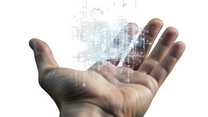 A human hand with an open palm against a transparent background with digital circuit patterns