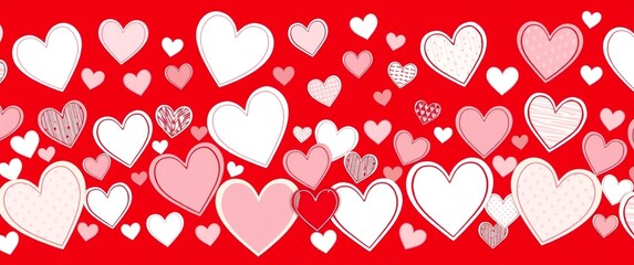 Scattered hearts on red background