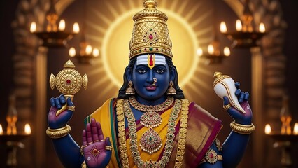 Blue Skinned Deity with Golden Ornaments and Conch Shell