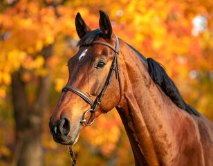 Obraz premium Close-up of a brown horse with a bridle against autumnal foliage