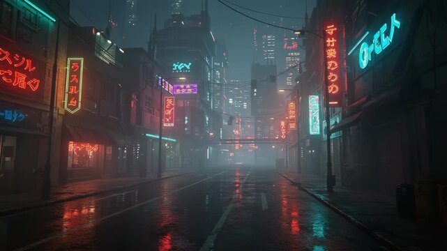 Rainy Street at Night with Neon Signs in a Cyberpunk City Featuring Reflective Pavement Dark Atmosphere and futuristic building in the Backdrop