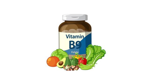 Vitamin B9 Supplement Bottle Surrounded by Folate-Rich Foods Animation