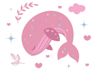 Sleeping Pink Whale with Stars and Hearts Illustration