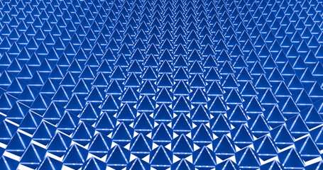 Abstract 3D geometric background featuring a repeating pattern of blue triangular shapes with sharp angles and depth. Modern futuristic design suitable for technology, architecture, data visualization
