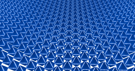 Abstract 3D geometric background featuring a repeating pattern of blue triangular shapes with sharp angles and depth. Modern futuristic design suitable for technology, architecture, data visualization
