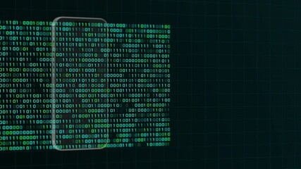 Smartphone displaying falling green binary numbers for cyber security, encryption, and data processing concepts. - Powered by Adobe