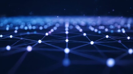 Close-up of a network visualization with glowing blue nodes and connections on a dark background with a shallow depth of field. - Powered by Adobe