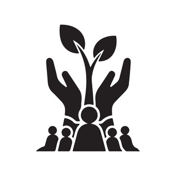 Group of people with hands raised up supporting a growing plant symbolizing community growth and nurturing together