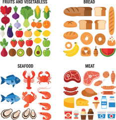 Food groups illustration set featuring fresh fruits vegetables bread types seafood selection and meat dairy product categories.