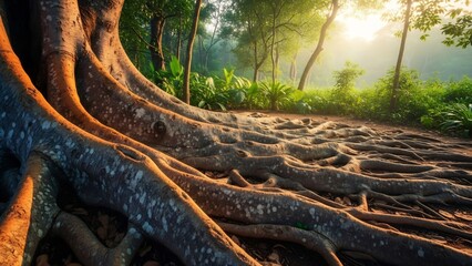Large tree roots in forest with sunlight filtering through