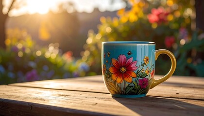 Floral mug shines on wooden table, bathed in golden sunlight against vibrant garden backdrop, evoking peace