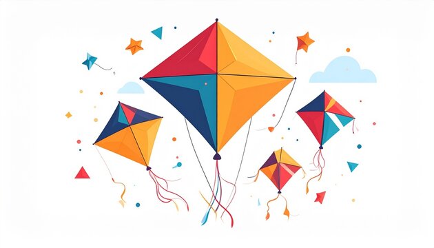A vibrant illustration of multiple colorful kites flying high in a clear sky, surrounded by small stars and clouds.