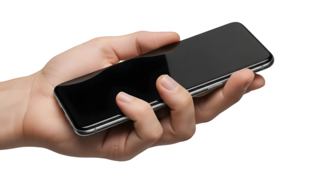 Businessman holding smartphone isolated on transparent background for corporate communication - Powered by Adobe