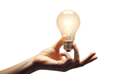 Business idea concept hand holding glowing light bulb isolated on transparent background